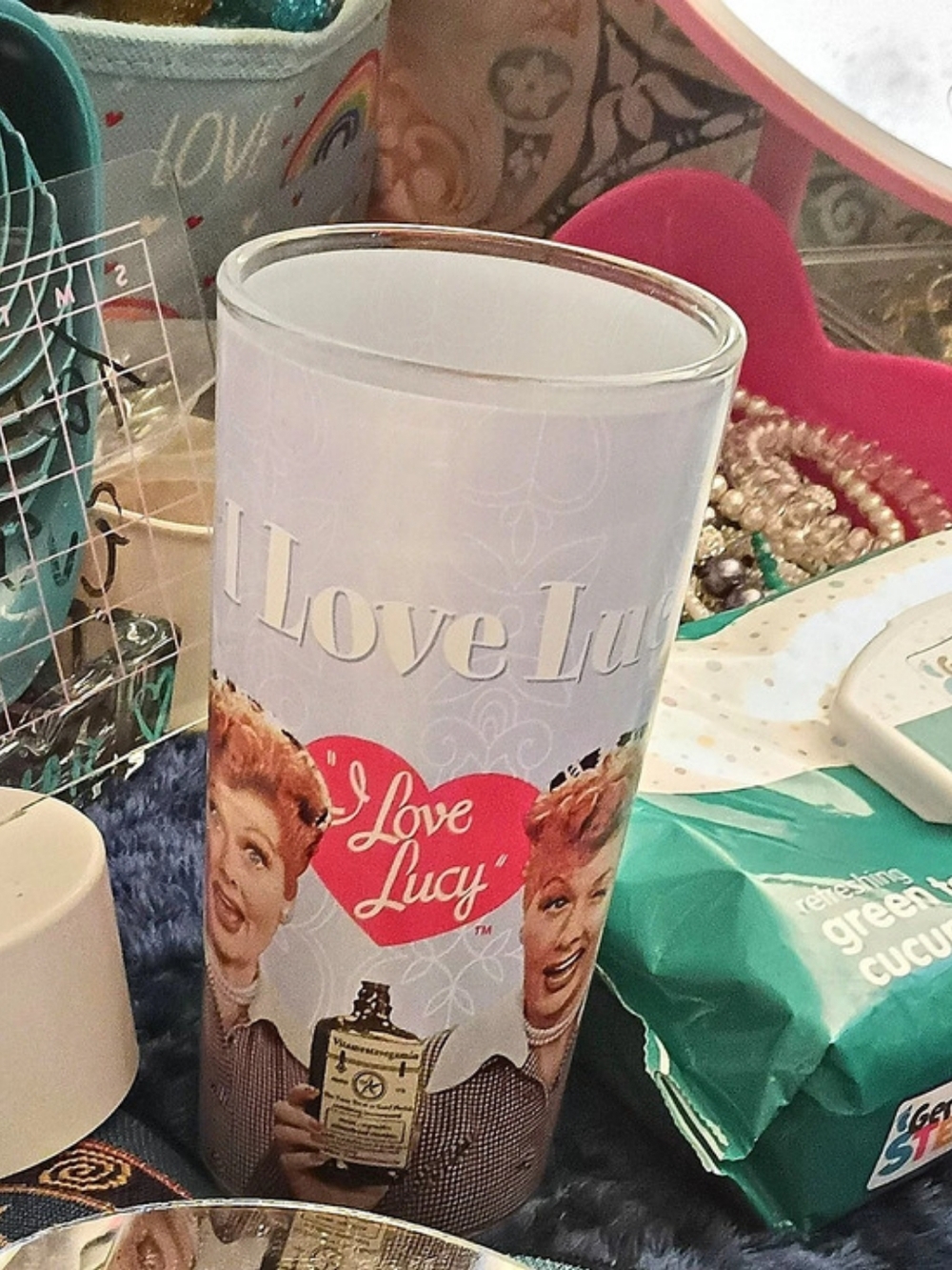 I Love Lucy Vitameatavegamin Glass Tumbler Lavender & White